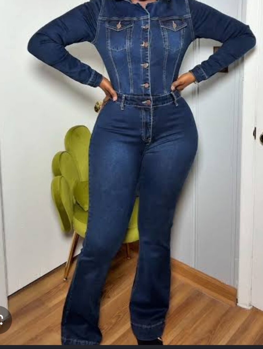 Dark Blue Denim Long-Sleeve Jumpsuit